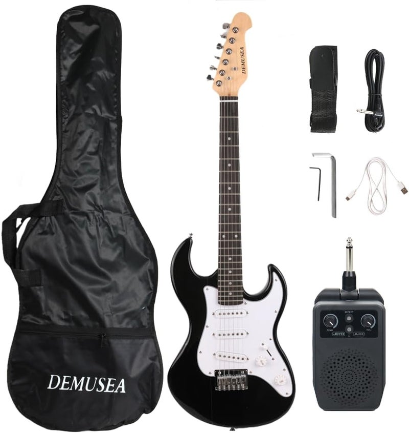 demusea 36 Inch electric guitar kit 3/4 mini short scale black color with portable 5W amplifier travel amp set sss pickups fixed bridge suitable for starter beginner practice with strap gigbag bundle(BKMI-30) - Image 1